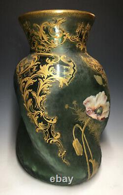 RARE Antique French Legras Green Cameo Twist Glass Enamel Gilt Mont Joye Vase