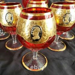 RARE MURANO VENETIAN RUBY RED GLASSES With24 KT GOLD & CAMEO DECANTER GOBLETS SET