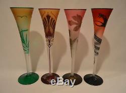 RARE Set Of 4 Kristian Klepsch Cameo Glass Champagne Flutes Studio Art Signed