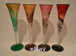 RARE Set Of 4 Kristian Klepsch Cameo Glass Champagne Flutes Studio Art Signed