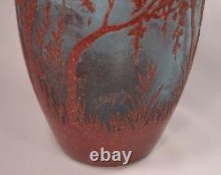 Rare Antique French Cameo Glass Vase Signed Legras With Two Dogs