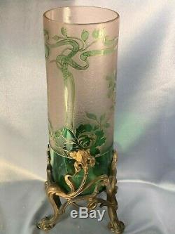 Rare Antique Mont Joye (legras) Cameo Art Glass Vase Bronze Base Free Us Ship