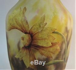 Rare DAUM NANCY CAMEO & ENAMELED Coreopsis Vase Antique French Art Glass