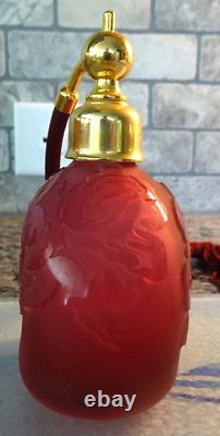 Rare Kelsey Pilgrim Cranberry Cameo Carved Art Glass Perfume Atomizer