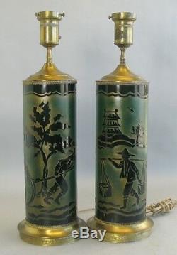 Rare & Large Pair ANTIQUE ASIAN PEKING Cameo Glass Lamps c. 1930s