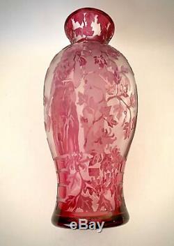 Rare Vintage The Three Maidens Large Cranberry Cameo Art Glass Vase Signed