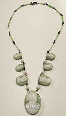 Rare Vtg Art Deco Signed Czech Green & White Molded Glass Cameo Necklace 17.25