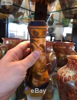 Rare c1910 French Signed Devez 3-color Scenic Cameo Glass Vase, 7 1/4in Tall