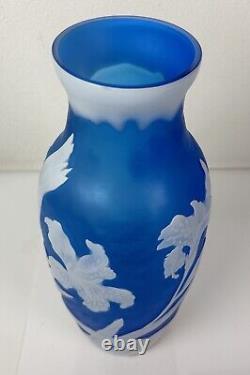 Reproduction Galle Style Blue & White Cameo Glass Vase Orchards