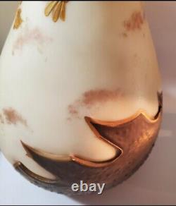 SIGNED HARRACH FLAME CAMEO STYLE GLASS VASE, GILDED/ENAMEL FLOWERS c1890