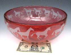 STEVEN CORREIA Signed LIMITED ED Art Glass Cranberry BIG 10.5 CAMEO HORSES Bowl