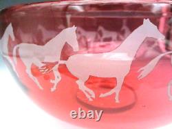 STEVEN CORREIA Signed LIMITED ED Art Glass Cranberry BIG 10.5 CAMEO HORSES Bowl