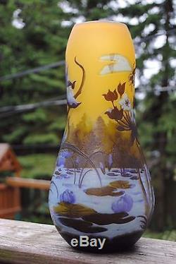 Scarce Arts&Crafts, Nouveau Emile Galle Cameo Art Glass Vase Lilies, Dragofly, Lake