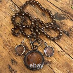 Set EXTASIA Signed Convertible Cameo Necklace Peach Glass Intaglio With Earrings