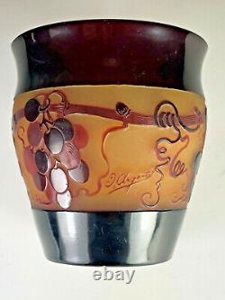 Signed D'Argental Cameo Glass Vase Grapes