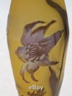 Signed Galle Glass Cameo Vase with Lily Flowers 9 Tall Excellent Condition
