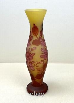 Signed Galle Tip Reproduction Cameo Glass Vase Amber Pink Floral Hibiscus 12