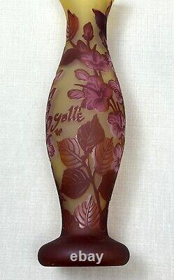 Signed Galle Tip Reproduction Cameo Glass Vase Amber Pink Floral Hibiscus 12