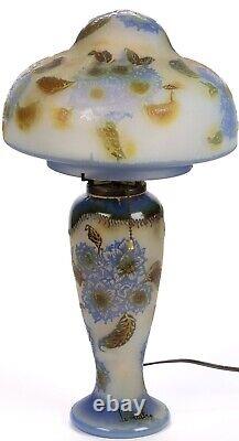 Signed LeMaitre French Cameo Glass Table Lamp Blue Frosted Floral Galle Style