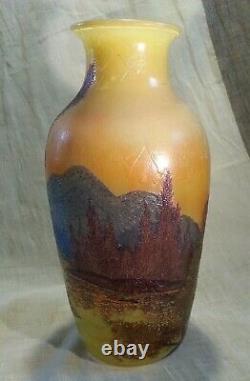 Signed Legras 11 Scenic French Cameo Glass Acid Cut Back & Enameled Vase
