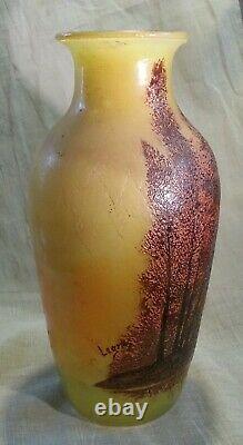 Signed Legras 11 Scenic French Cameo Glass Acid Cut Back & Enameled Vase