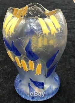 Signed Legras Cameo Glass Vase With Yellow Lutea Flowers And Blue Leaves Pinched