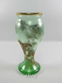Signed Mont Joye Acid Etched Cameo Glass Vase Gilt Mum Decoration 12 Tall