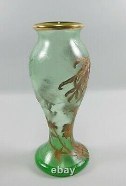 Signed Mont Joye Acid Etched Cameo Glass Vase Gilt Mum Decoration 12 Tall