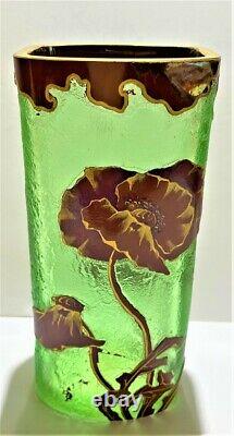 Signed Mont Joye Art Glass Cameo Enamel Poppy Vase Art Nouveau ca 1900