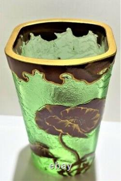 Signed Mont Joye Art Glass Cameo Enamel Poppy Vase Art Nouveau ca 1900