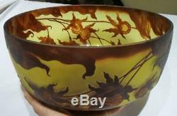 Signed Yall Cameo Art Glass Large Bowl, Vining Flowers in Brown on Yellow
