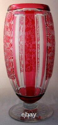 Signed red cut to clear floral art glass cameo vase, 12 1/2 h