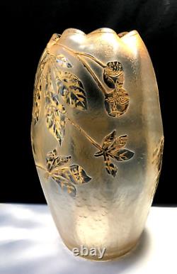 St. Denis France Art Glass Art Nouveau Cameo Vase Chestnut Leaf Bloom Design 11