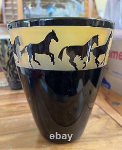 Steven Correia Amber Black Horses or Okapi Africa Cameo Art Glass Vase Signed
