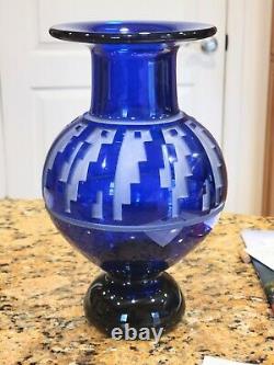 Steven Correia Art Glass Signed Limited Edition Cobalt Blue Etched Vase 1988