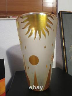 Steven Correia Modern Art Deco Cameo Glass Vase Iridescent Gold Sun