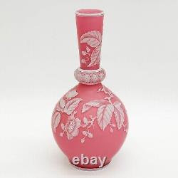 Stevens & Williams Acid Etched Cameo Art Glass Vase Pink & White Berries c 1900
