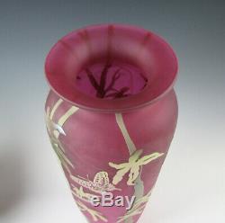 Stuart Abelman Large Cameo Art Glass Vase with Butterflies Trees Raspberry