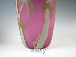 Stuart Abelman Large Cameo Art Glass Vase with Butterflies Trees Raspberry