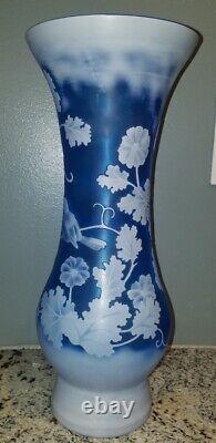 Stunning 15 Galle Inspired Acid Etched Signed Cameo Art Nouveau Glass Vase Blue
