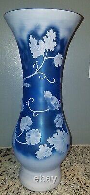 Stunning 15 Galle Inspired Acid Etched Signed Cameo Art Nouveau Glass Vase Blue