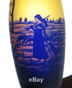 Tall French Cameo Art Glass Vase with Woman Sheep Signed Degue Vintage 12&1/4