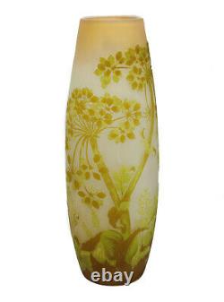 Tall Galle Light Green & Yellow Over Clear Art Glass Cameo Vase, 19th C