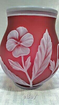Thomas Webb and Sons signed Victorian English cameo cranberry glass pansy vase
