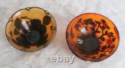 Two 4 Gelle Style Orange Cameo Bowls with Raised Black Floral Patterns