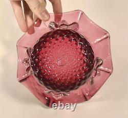 Unusual Antique Vtg Ruffled Cranberry Art Glass Bowl Vase w Applied Faces Cameos