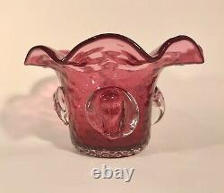Unusual Antique Vtg Ruffled Cranberry Art Glass Bowl Vase w Applied Faces Cameos