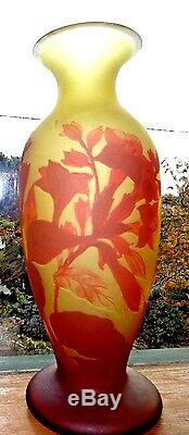 VTG Lg SIGND CAMEO GLASS VASE ART NOUVEAU LILIES & BUTTERFLY RED/PEACH/GOLD MINT
