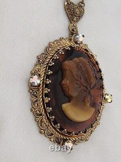 VTG W GERMANY ORNATE FILIGREE Root beer Glass CAMEO AB Pearl NECKLACE Pendant