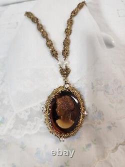 VTG W GERMANY ORNATE FILIGREE Root beer Glass CAMEO AB Pearl NECKLACE Pendant